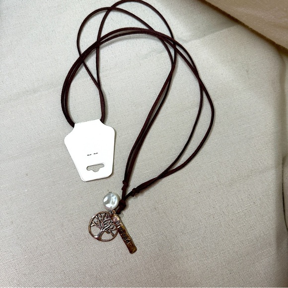 NWT Boho Chic Brown Tree of life Pendant Slip Over Necklace with Pearl Accent - Picture 1 of 5
